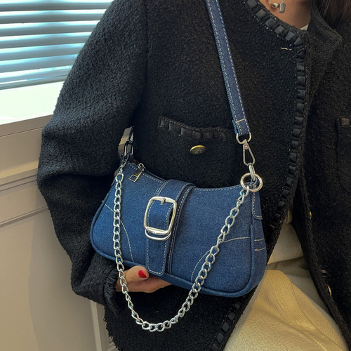Denim baguette bag for women  new retro chain shoulder armpit bag niche high-end texture crossbody bag