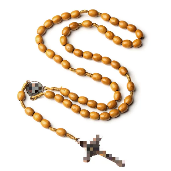 [in Stock] European and American Vintage Style Rosary Necklace 8* 10m Beads Handmade Woven Coffee-Colored Cross Jewelry
