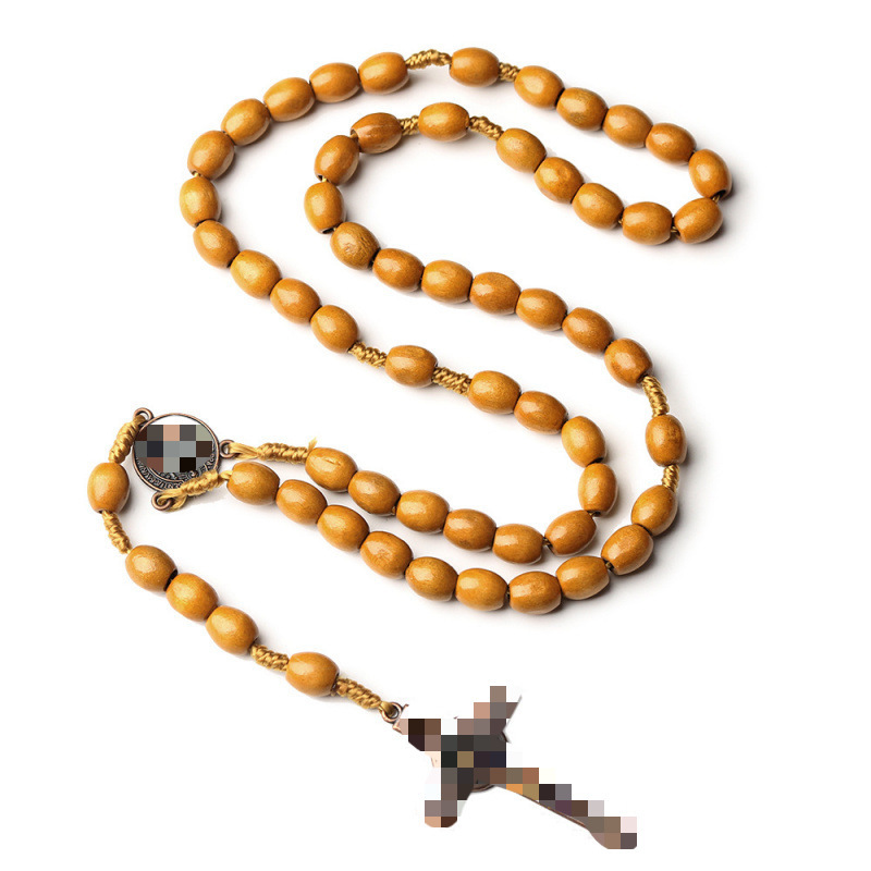 [in Stock] European and American Vintage Style Rosary Necklace 8* 10m Beads Handmade Woven Coffee-Colored Cross Jewelry