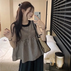 韓国系の衝突色のストラップの格子の子供のシャツの女性の袖なしのシャツの夏の年齢を減らしますファッションはゆったりしています。