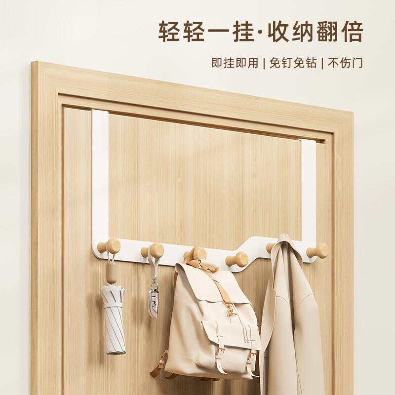 No-Drill Door Hook for Hanging Behind the Door, Solid Wood Door Hanger for Bedroom, Iron Single-Row Door Hook