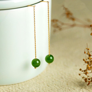 Spinach Green Natural Hetian Jasper Color 3D Hard Gold Inlaid Jade Earrings Earrings