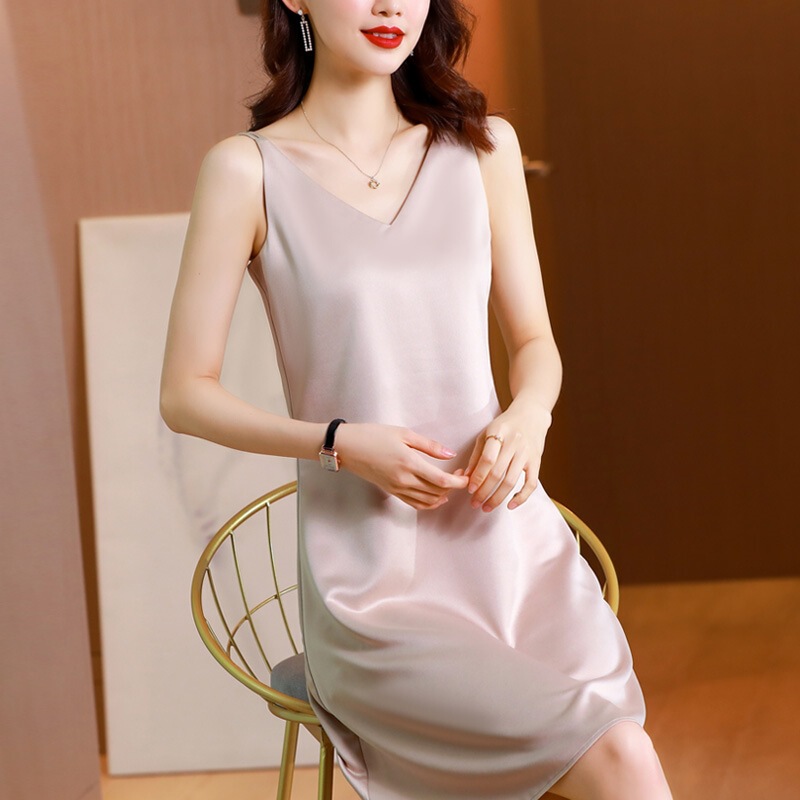 Real Shot of the New Elegant V Neck Satin Camisole Dress Worn Inside and Outside in Champagne Color Blue Black