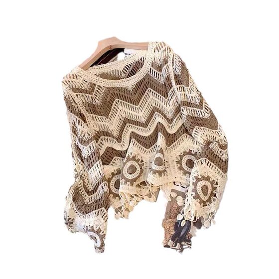 Korean Style All-match Outer Wear Pullover Blouse Women's Gentle Style Heavy Industry Hollow Crochet Slim Look Age-reducing Knitted Tassel Top