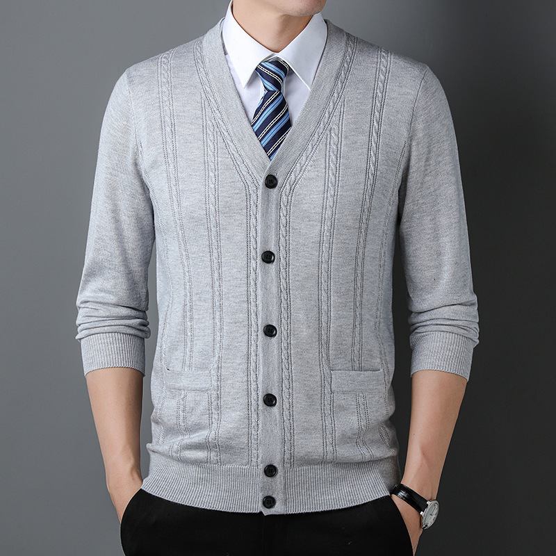Autumn and winter men's knitted cardigan middle-aged New long-sleeved business jacquard autumn clothes striped with pocket men's coat wholesale