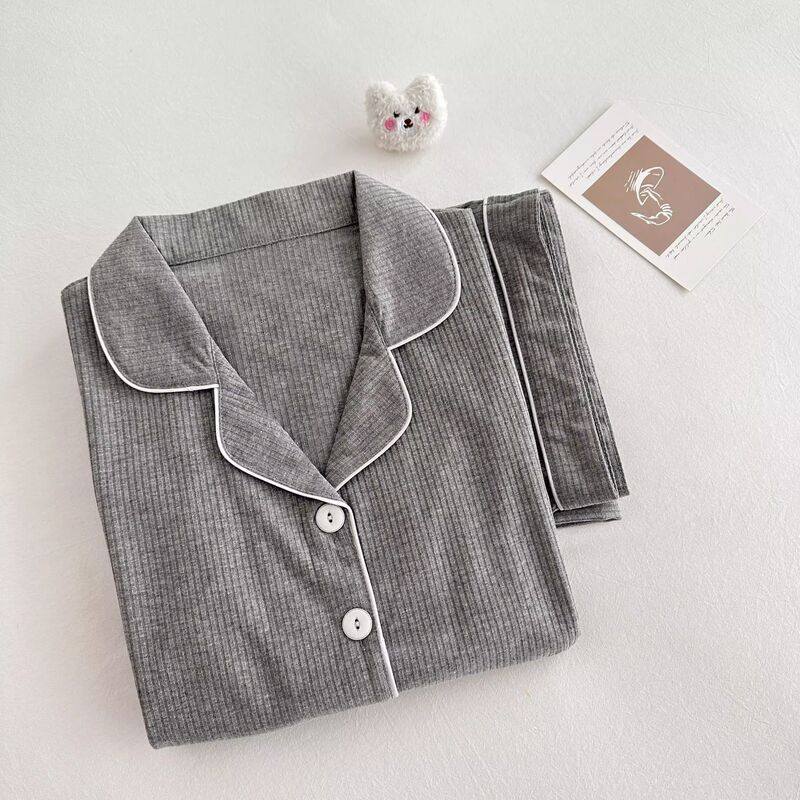 Couple pajamas women's men's spring/autumn and winter warm long-sleeved trousers cardigan plus size solid color simple home wear suit Couple pajamas women's men's spring/autumn and winter warm long-sleeved trousers cardigan plus size solid color simple home wear suit