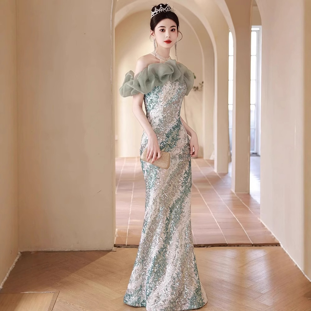 French High-end Fishtail Dress Celebrity Banquet Elegant Evening Dress Women's Sequins High-end Long Sexy Host