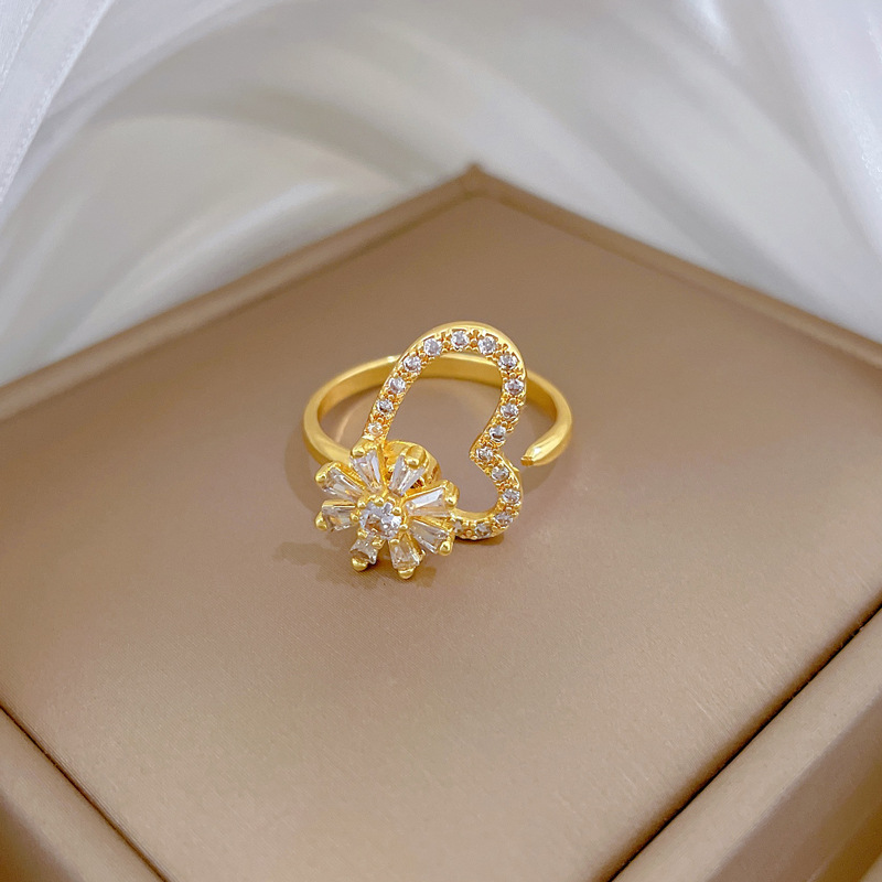 Rotating Flower Zircon Ring Personalized Adjustable Couple Ring_voghion.com