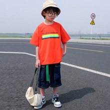 男童2024新款儿童装中大男孩夏装夏季短袖时髦帅气衣服潮一件代发