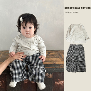 Baby Spring and Autum Bottoming Shirt, Baby Girl's Fashionable Plaid Apron Pants, Fashionable Two-Piece Set, Korean Kidsren's Outing Clothes