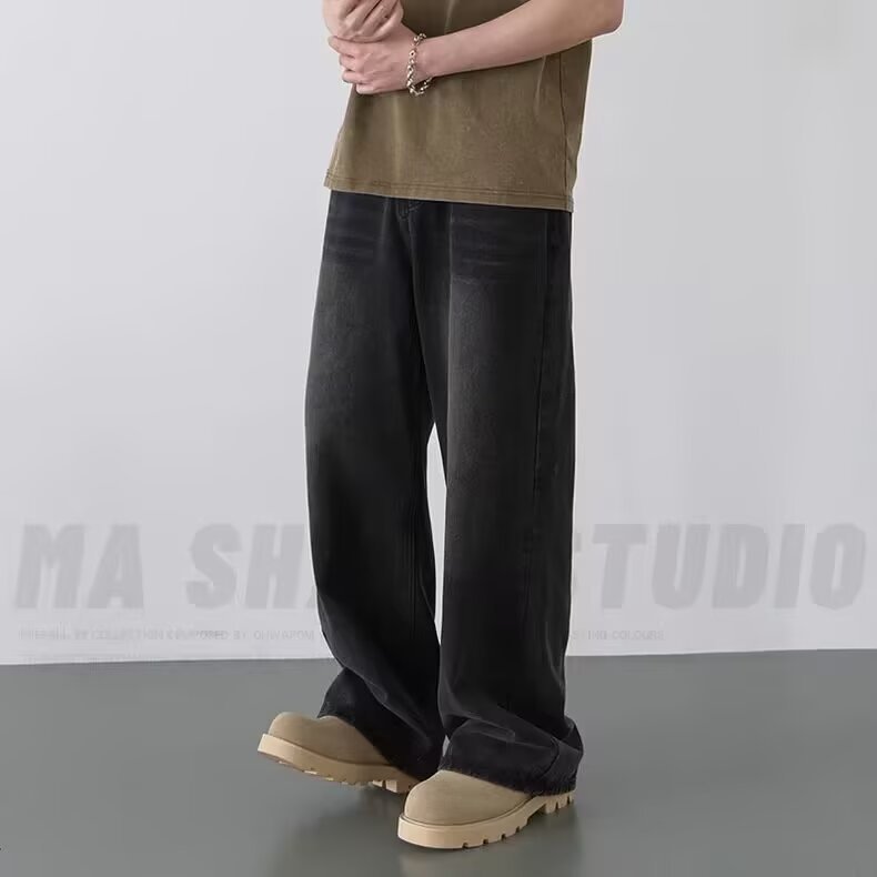 American Style Retro Blue Jeans Men's Autumn and Winter New Straight Loose Heavy Washed Old Jeans Trendy