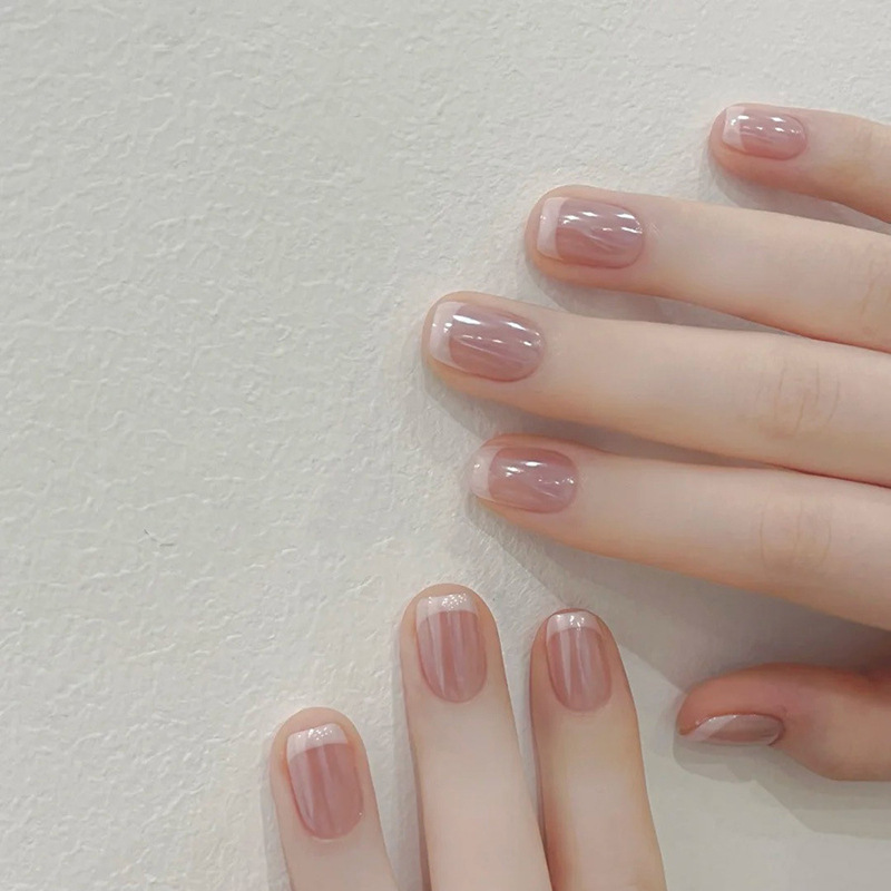 Casual Short Pure Color Pearlescent Powder Wearable Nails with White Edges French Daily Versatile Manicure Patches Full Size Fake Nails