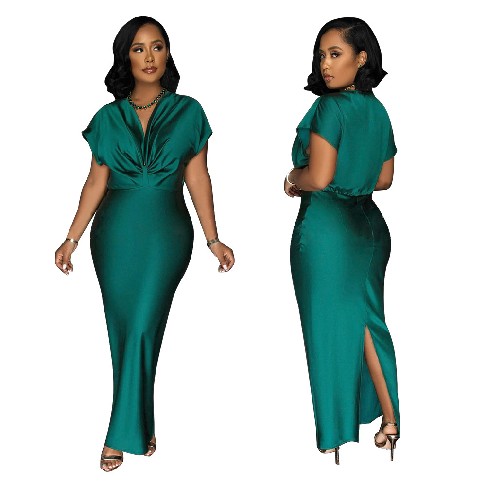 Women's V Neck Short Sleeve Dress Elegant Slim Fit with Back Slit K10697 AliExpress European And American Cross Border Fashion New_ecoleips.com
