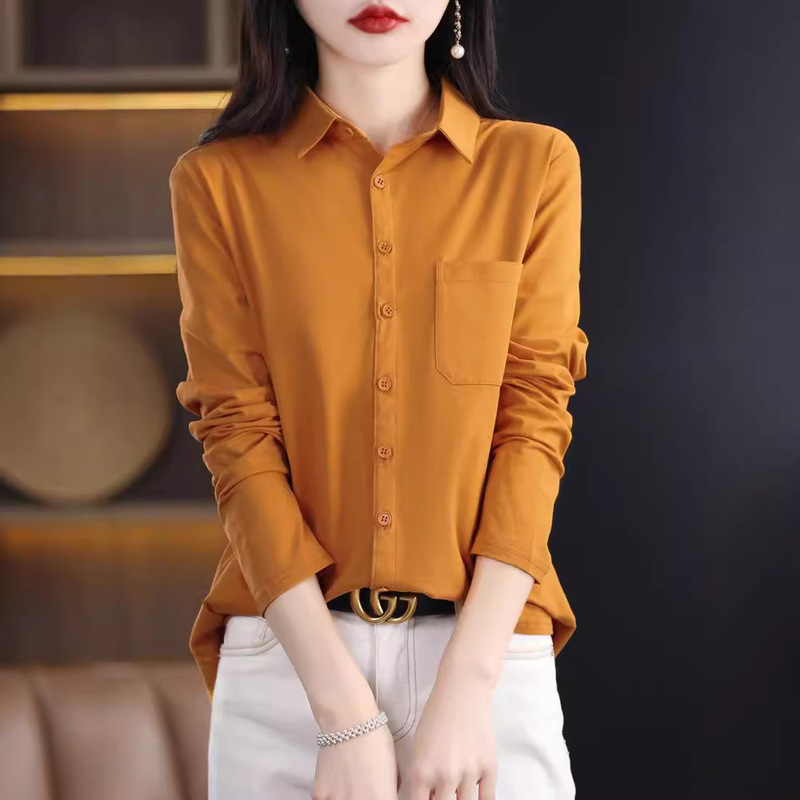 100% Cotton Polo Collar Shirt Stacked in College Style Autumn Combed Cotton Top Double-Sided Velvet Scrub Shirt