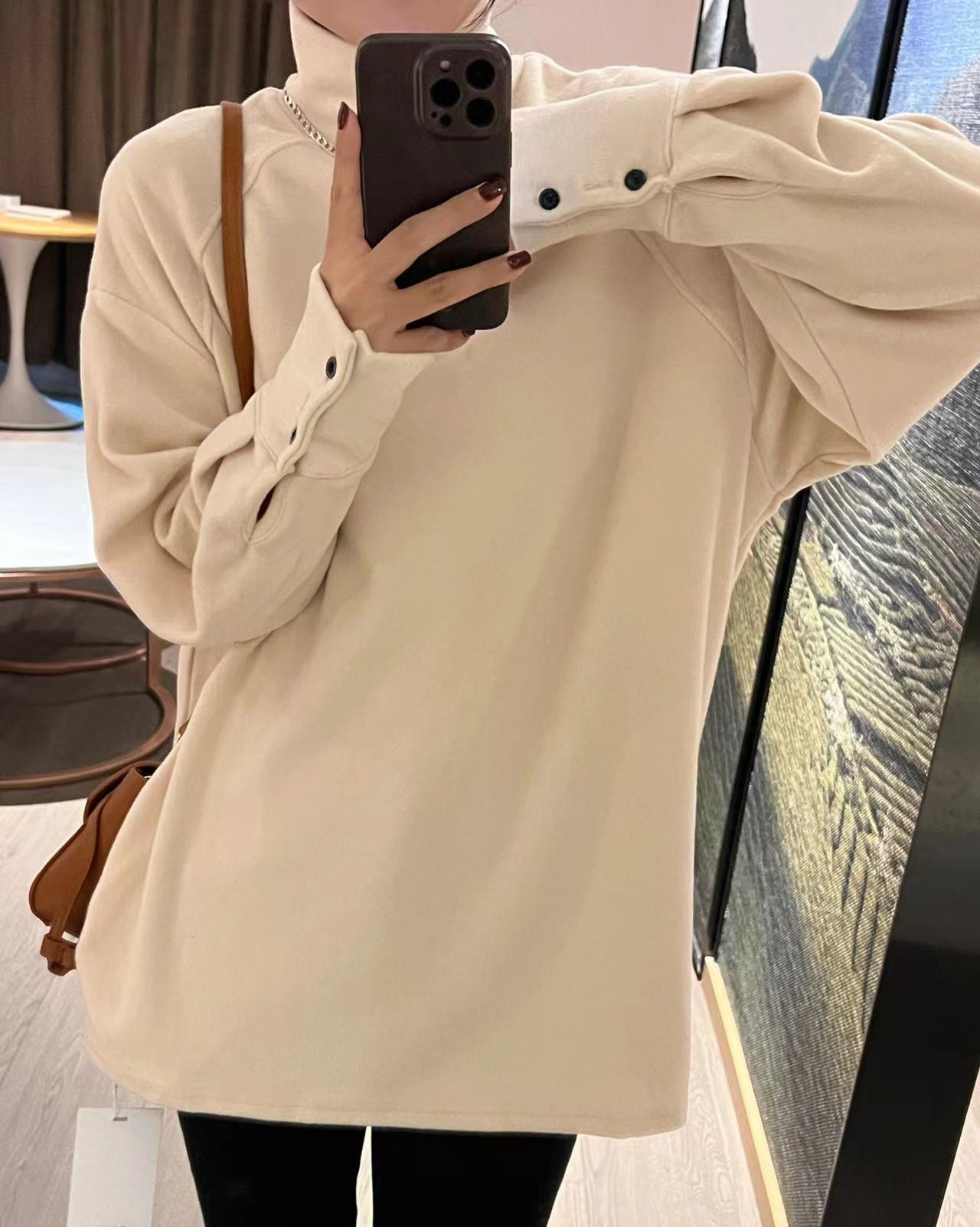 Women's Clothing New autumn and winter half high collar German velvet bottoming shirt for girls, loose thickened brushed long sleeved T shirt top_ipsvogv.com