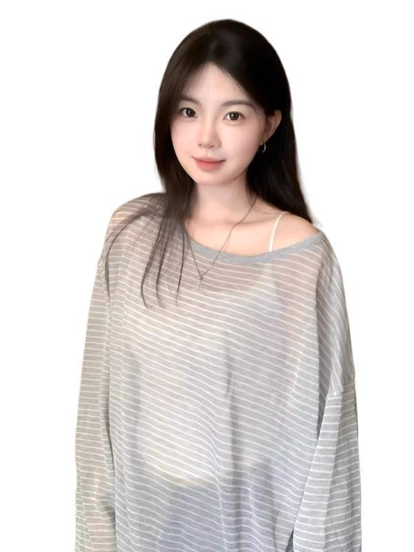 韩系条纹圆领防晒长袖针织T恤女装夏季新款韩系宽松薄款罩衫上衣|undefined
