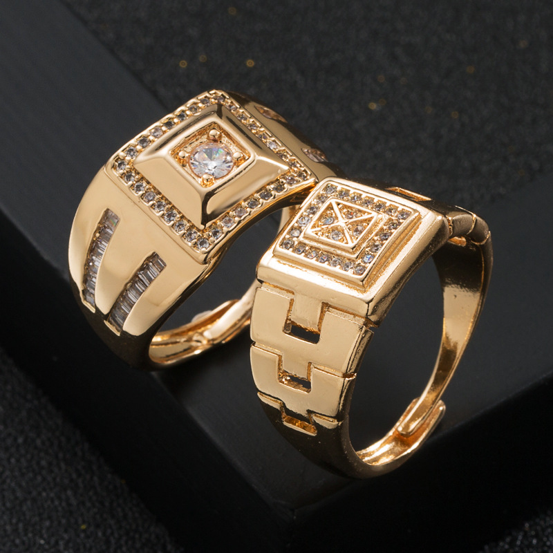 New Copper Plated Real Gold Micro Inlaid Zircon Geometric Men's Opening Ring display picture 2