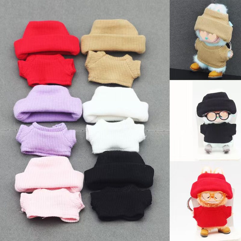 10CM 糖胶娃娃适用于4.0拉布布螺纹翻边帽+针织T恤4代针织娃衣服|undefined