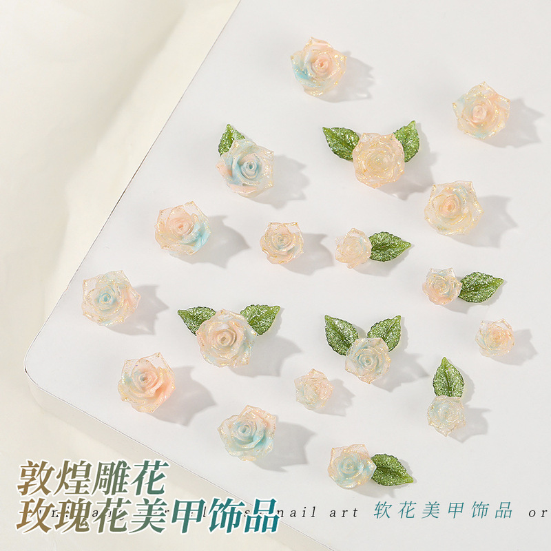 Nail Art Accessories in Chinese Style, Dunhuang Soft-Carved Rose Flower Nail Decorations, Fine Glitter Gradient Color, Camellia Small Embellishments