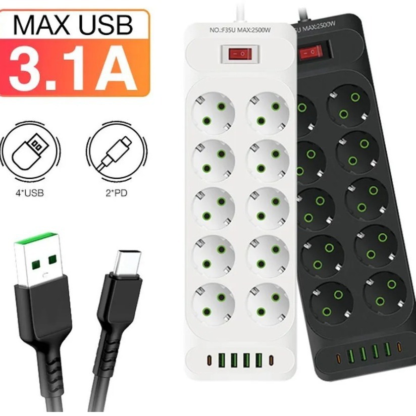 Enchufe de línea de comercio exterior con 4 puertos USB, 2 puertos TYPE-C, 10 conectores