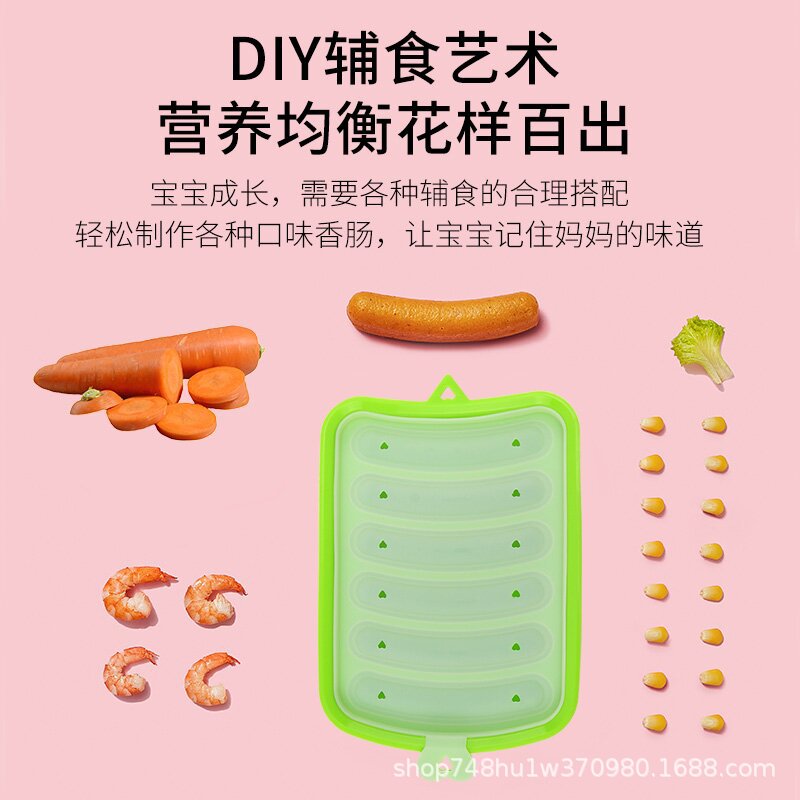 Fuente de fábrica de 6 piezas de silicona molde de salchicha con tapa herramientas de suplemento de alimentos para bebés al vapor molde de salchicha casera