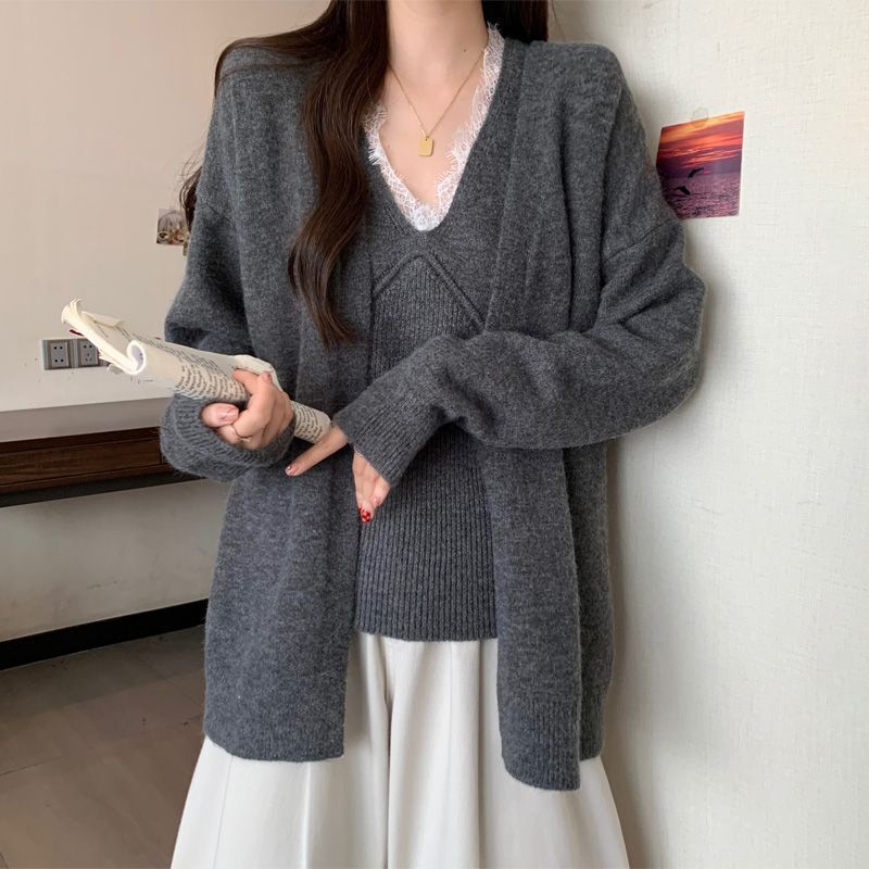 Lace Collar New Vest Sweater Cardigan Suit Women's Autumn and Winter New Style New Temperament Gentle Two-Piece Top