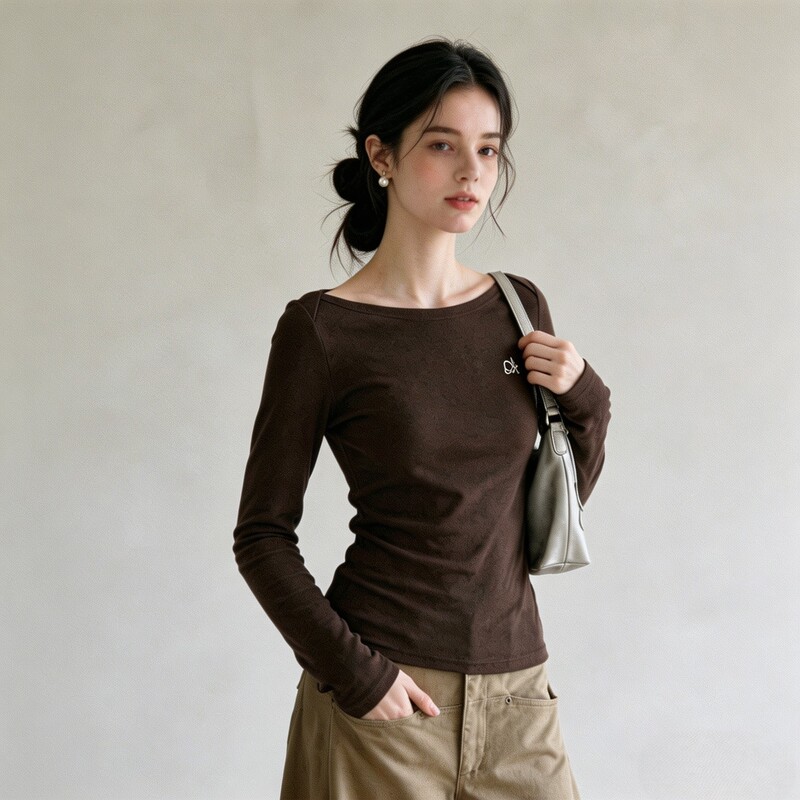 Jiyou Korean-style coffee-colored boat-neck embroidered long-sleeve T-shirt for women, autumn slim-fit versatile base layer top Jiyou Korean-style coffee-colored boat-neck embroidered long-sleeve T-shirt for women, autumn slim-fit versatile base layer top