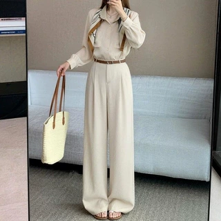 时尚丝巾翻领长袖衬衫+高腰阔腿裤套装女秋老钱风气质穿搭一整套