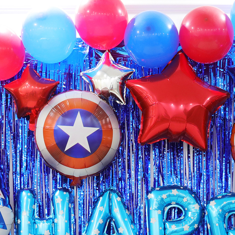 Luxurious Captain America Marvel Birthday Themed Decorative Balloons Boy's First Birthday Balloons Rain Silk Background Wall