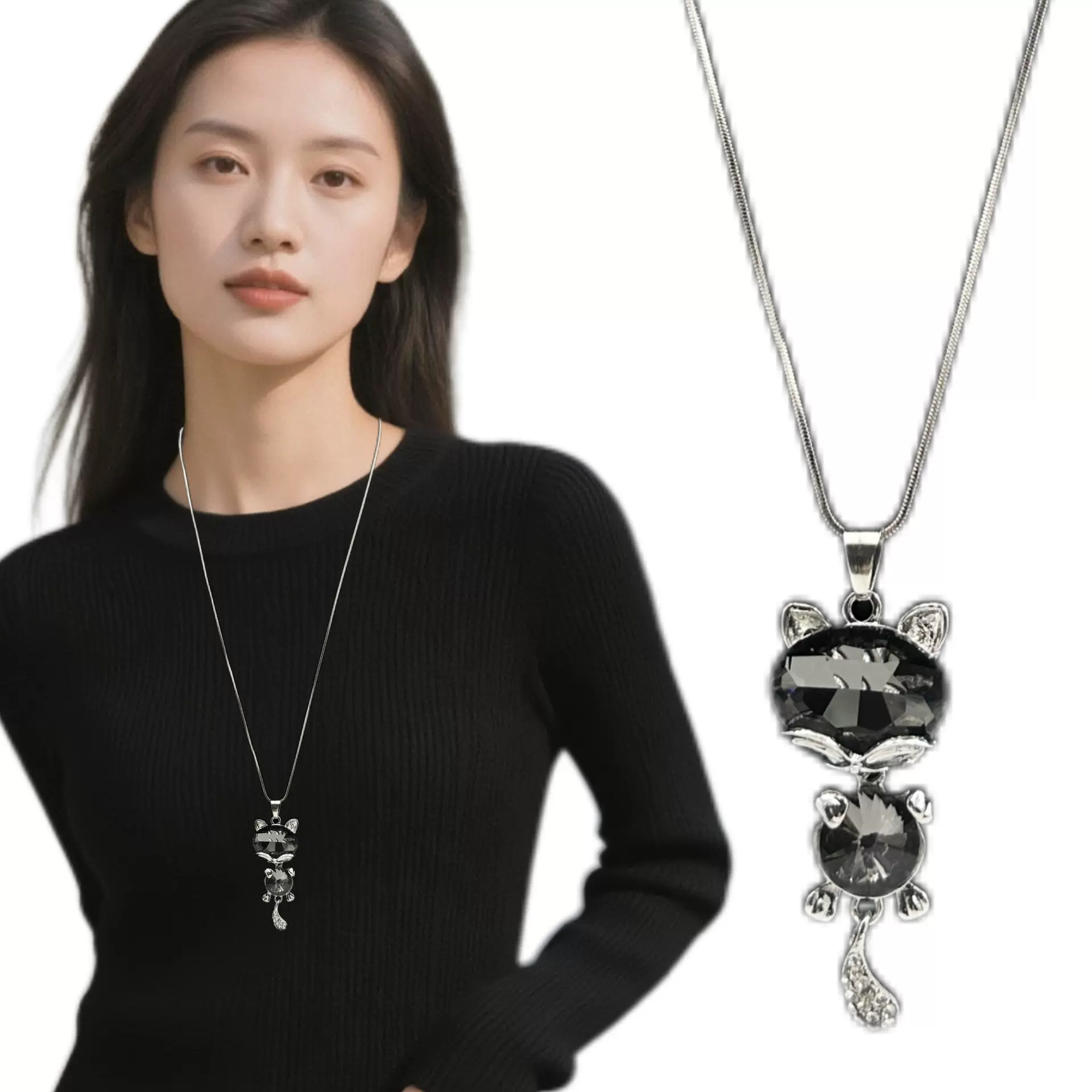 简约基础高品质合金小猫时尚潮流蛇骨链毛衣链项链衣服配饰