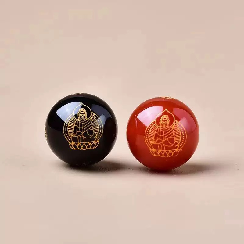 Twelve Zodiac Beads, Black Agate Birth Year Buddha Beads, Eight Guardian Deities, Double-Sided Gold-Plated Glass Birth Year Buddha Spacer Beads