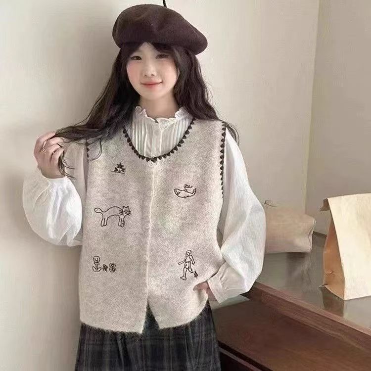 Korean-Style Youthful Cartoon Embroidered Wool Vest Cardigan for Women with Design Elements, Lace, Shell Buttons, Sweater Vest for Autumn