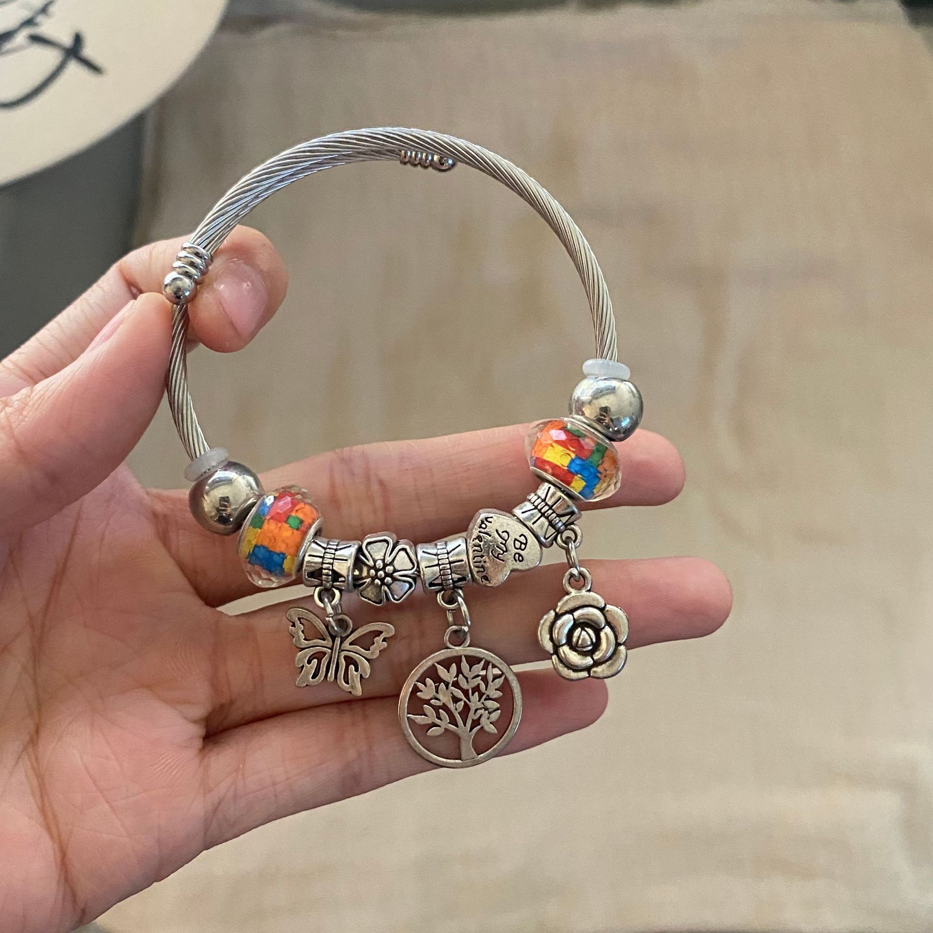 Pulsera de Acero Inoxidable Panjia Dora con Corazón y Oso, Pulsera Abierta con Cuentas para DIY, Joyería de Estilo Fresco, Éxito de Ventas en Amazon