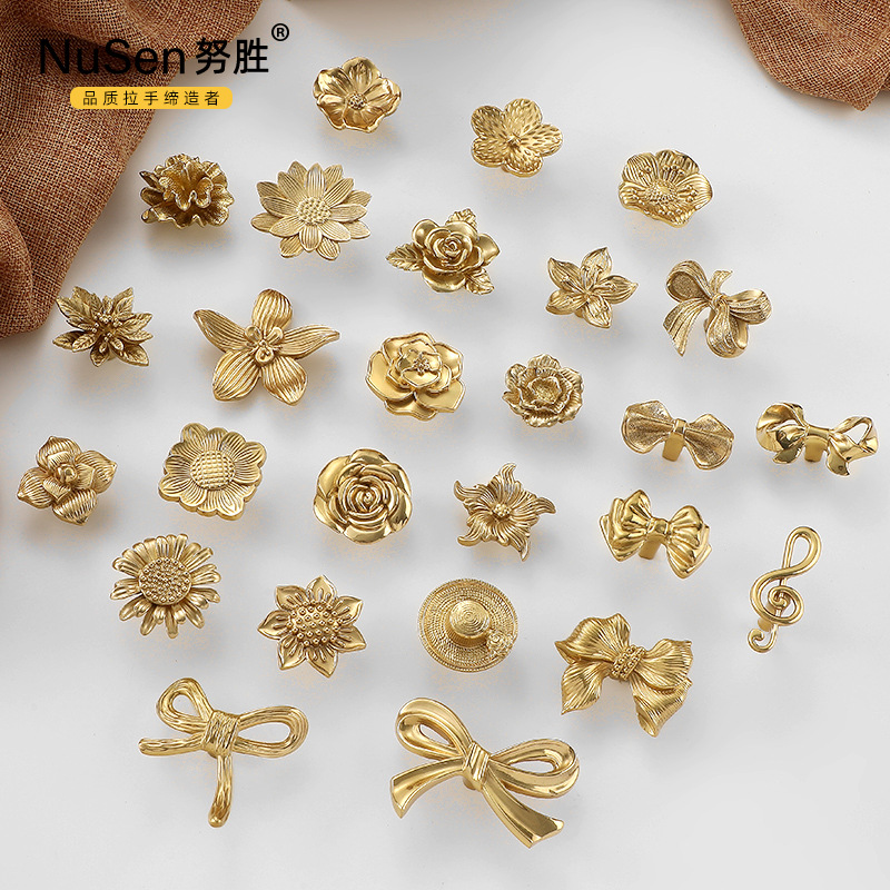 法式輕奢單孔黃銅拉手歐式復古花創意個性蝴蝶結玫瑰花抽屜門把手