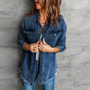 American Style Retro Fashionable dark blue Denim Shirt Coat Women's Autumn and Winter Long-sleeved Loose Rapped Shirt Stacked Top