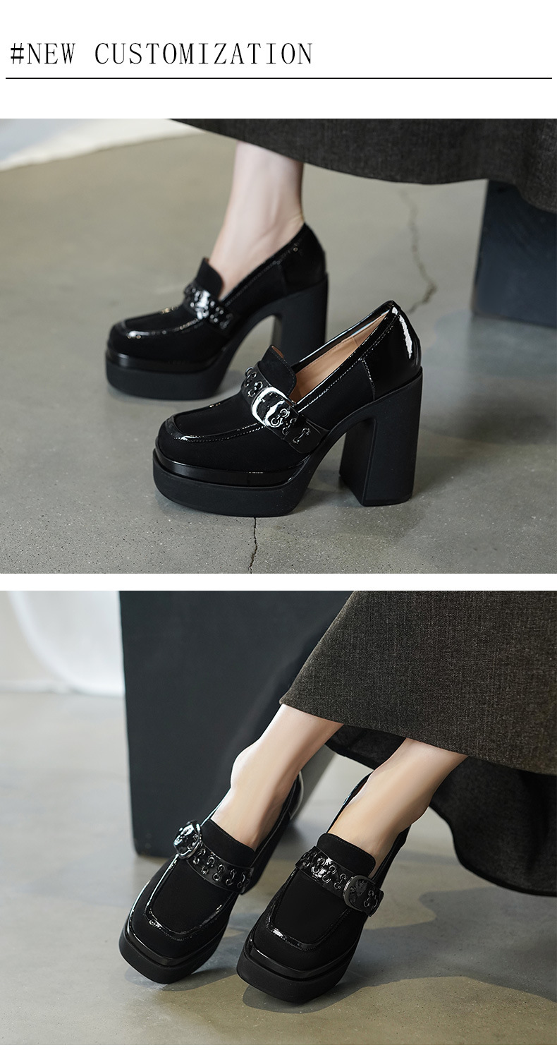 Giày loafer nữ gót vuông cao 12 cm, đế dày, khóa kim loại, phối màu — màu nâu, màu đen chi tiết 5