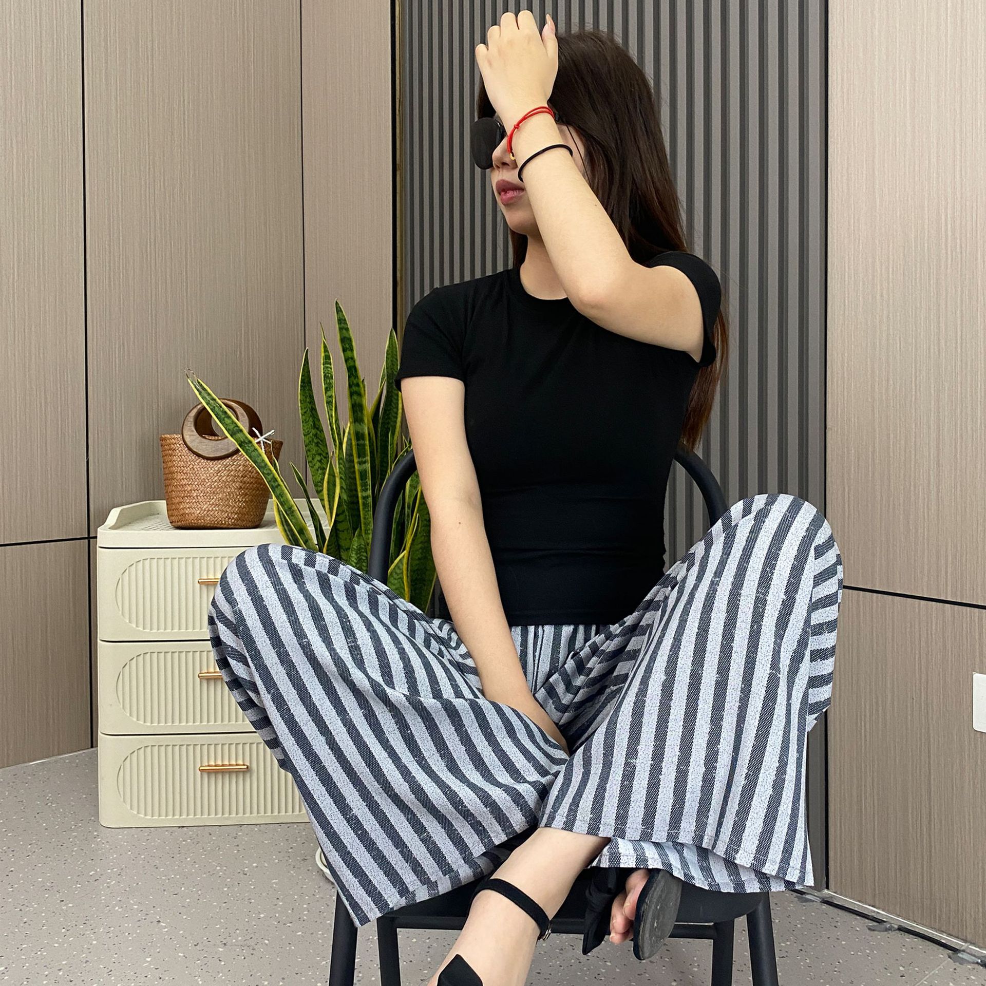 [Bolsillos dobles] pijamas de seda de algodón pantalones anchos sueltos de verano para mujer pantalones de nueve puntos pantalones de algodón artificial para el hogar para mujer