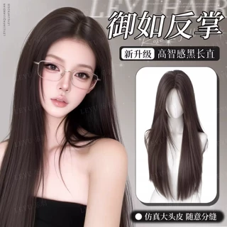 假发全头套女仿真发中分黑长直精修前额胎毛刘海气质高智感假发套