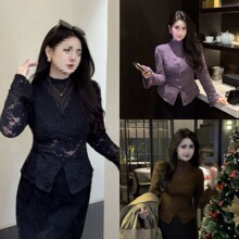 赫饰现货！大码新款显瘦女装领蕾丝拼接打底衫微胖气质遮肉套装