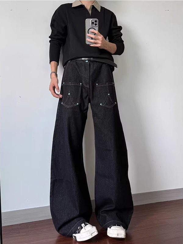American-Style Turquoise Studded Black Raw Denim Flared Jeans for Men, Cleanfit Straight-Leg Jeans American-Style Turquoise Studded Black Raw Denim Flared Jeans for Men, Cleanfit Straight-Leg Jeans