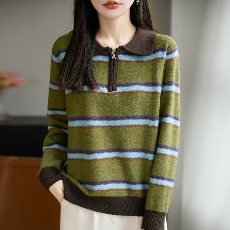 Spring and Summer New Retro Color-Block Striped Half-Zip Knit Sweater for Women, Versatile and Stylish Casual Base Layer Polo Collar Sweater Spring and Summer New Retro Color-Block Striped Half-Zip Knit Sweater for Women, Versatile and Stylish Casual Base Layer Polo Collar Sweater