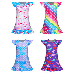 Cross-border children's clothing, children's mermaid rainbow pony dinosaur cartoon print one-piece pajama dress for girls, flying sleeve dress