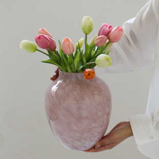 Nordic Middle Pink Glass Vase Flowers Tulip Bucket Flower Vase High Color Value Flower Ornamental Pendulum for Living Room Decoration