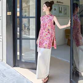 新中式老钱风套装女夏季轻奢高级感复古印花改良旗袍阔腿裤两件套