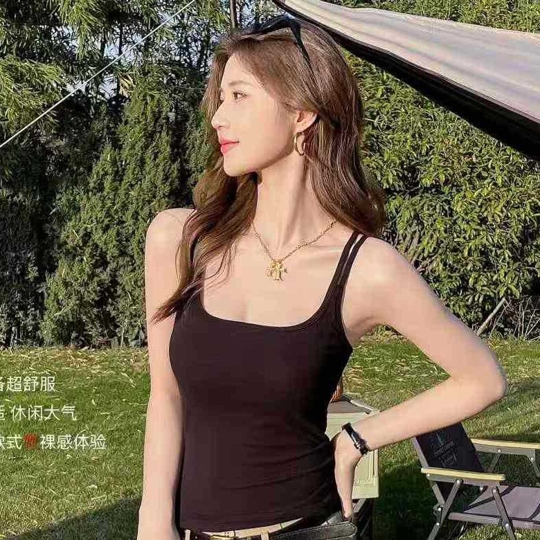 New Style Double Shoulder Strap Butterfly Back Fashion Cotton Tank Top with Chest Pad, Women's Beauty Back Slim Fit Versatile Underwear