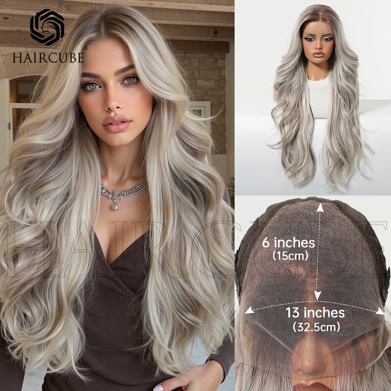 Wig Lace 13*6 Large Area Forehead Medium Split Oblique Split Mixed Color Gray Long Curly Hair Popular Imported Silk Full Headgear
