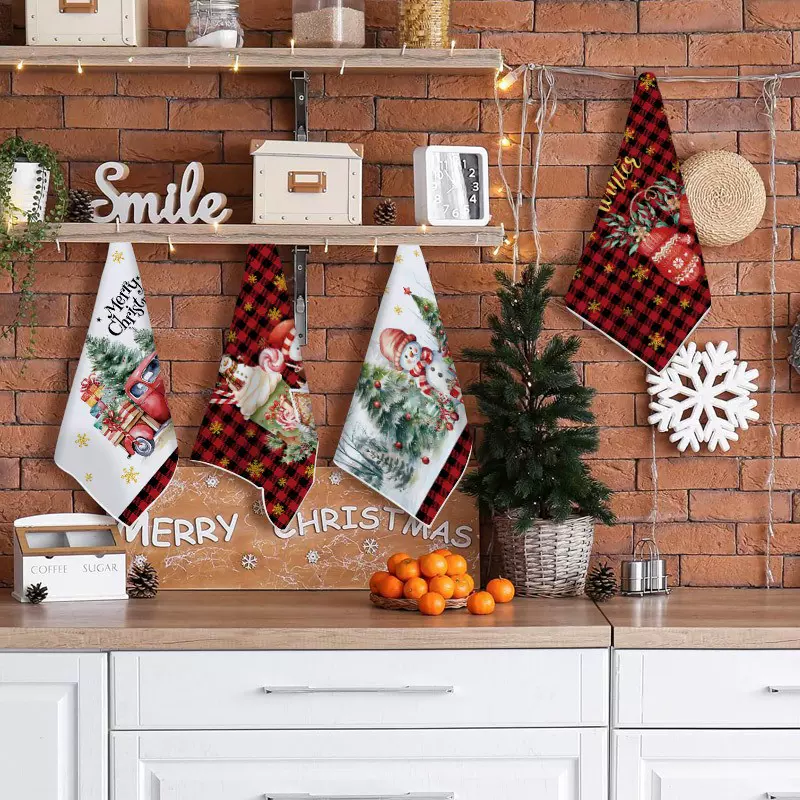 新款跨境细纤维卡通格子圣诞树系列茶巾圣诞快乐洗碗毛巾厂家批发