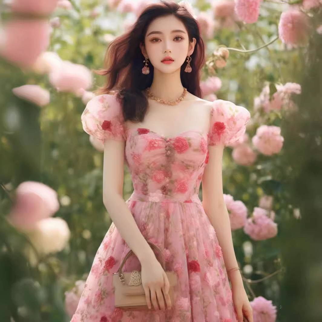 Váy liền hoa nhỏ màu hồng phong cách Pháp thắt eo cho nữ mùa hè — Màu hồng
