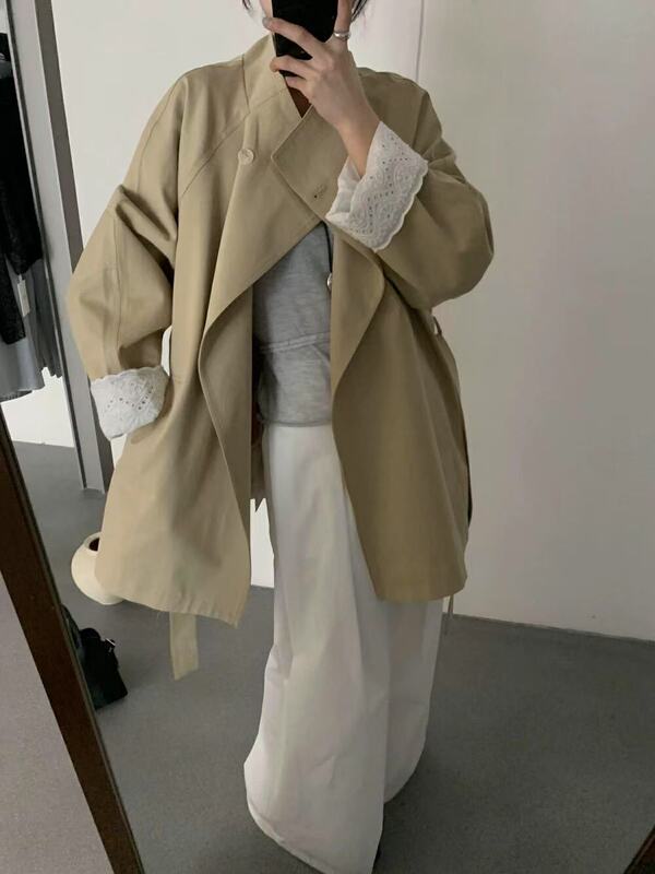 韩系立领风衣女2025宽松高级感小众休闲百搭袖口蕾丝拼接外套|undefined