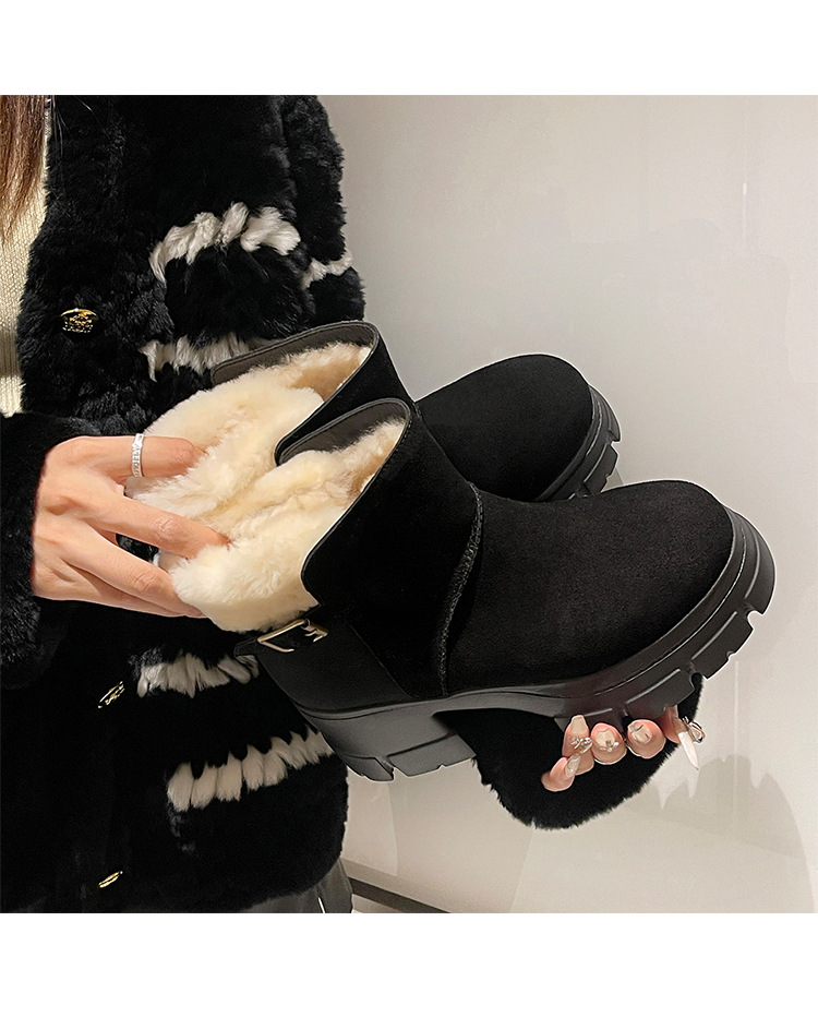 Boot tuyết nữ len thật gót cao đế dày ống ngắn lót lông giữ ấm — màu đen chi tiết 14